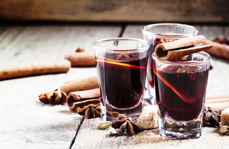 Winter hot mulled wine with cinnamon, star anise